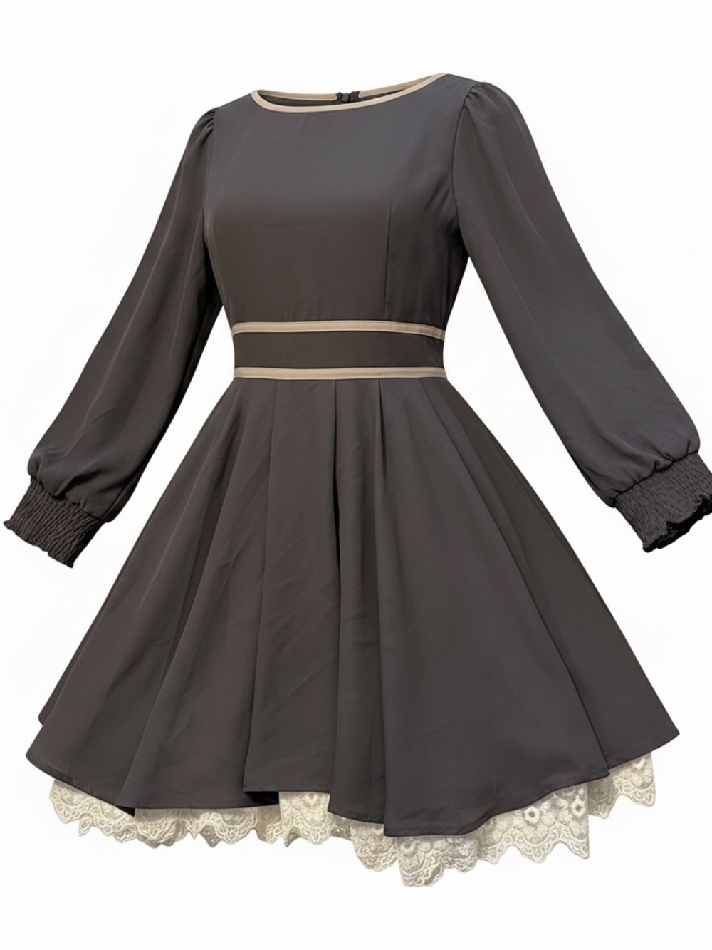Fixdesign Brand Long-Sleeve A-Line Dress with Cream Lace Trim